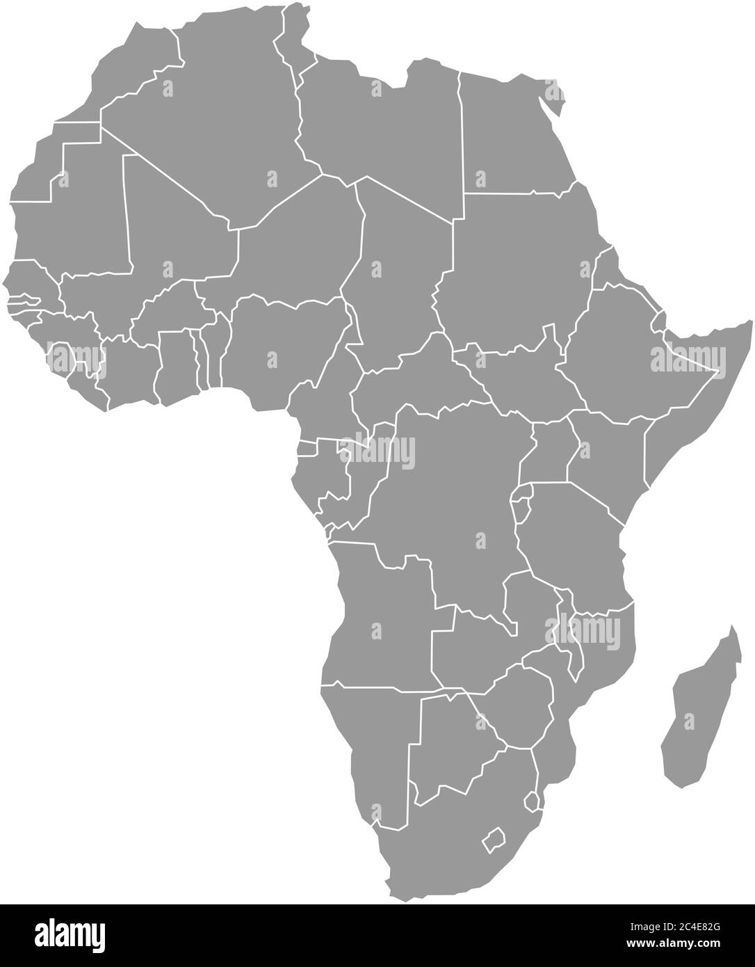 Semplice mappa grigia piatta del continente africano con confini nazionali isolati su sfondo bianco. Illustrazione vettoriale. Illustrazione Vettoriale