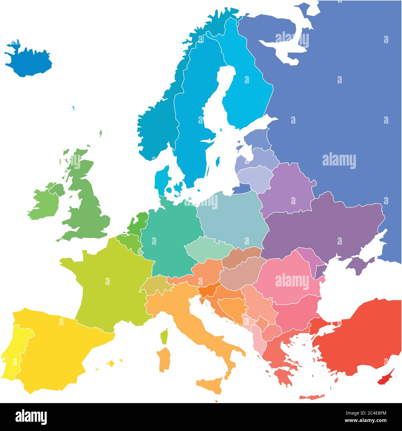 Mappa dell'Europa in colori dello spettro arcobaleno. Con nomi di paesi europei. Illustrazione Vettoriale