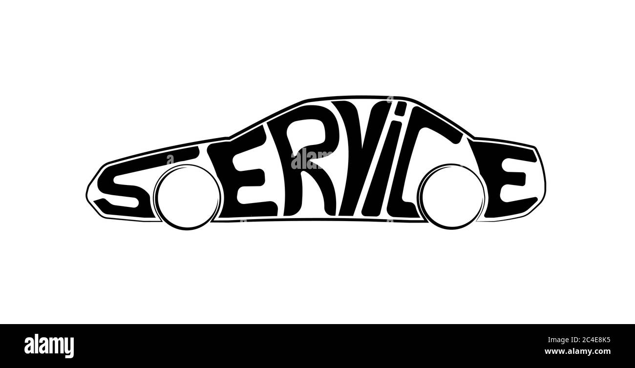 Servizio di assistenza o riparazione auto. Il logo è sotto forma di servizio. Lettere irregolari. Profilo auto. Illustrazione Vettoriale
