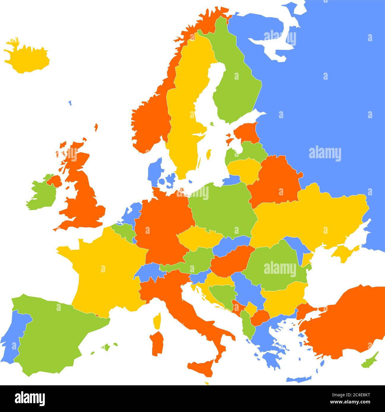 Mappa dell'Europa con paesi sovrani, ministeri e Kosovo inclusi. Mappa vettoriale semplificata con tema a quattro colori su sfondo bianco. Illustrazione Vettoriale