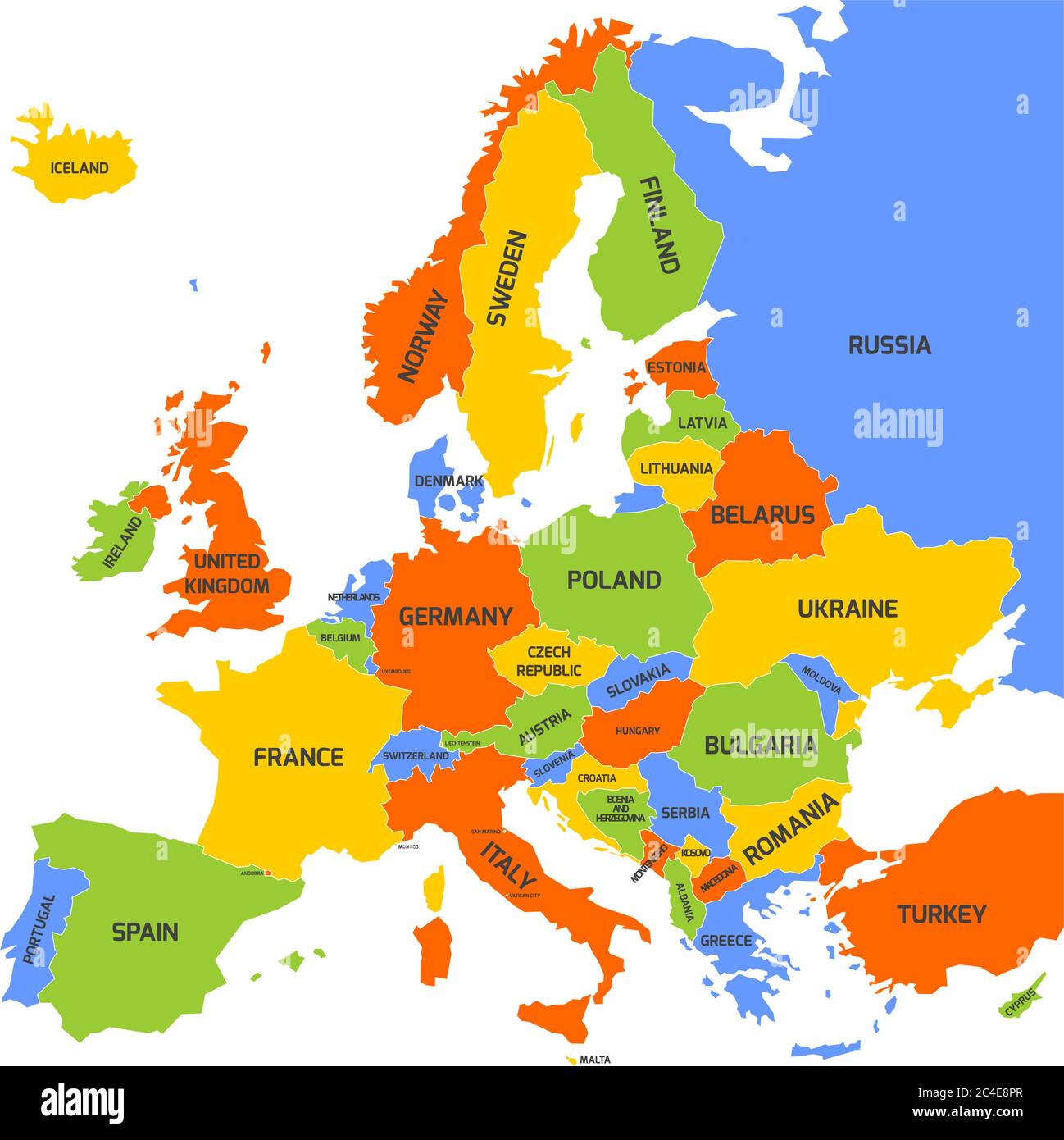 Mappa dell'Europa con i nomi dei paesi sovrani, dei ministeri e del Kosovo inclusi. Mappa vettoriale semplificata con tema a quattro colori su sfondo bianco. Illustrazione Vettoriale