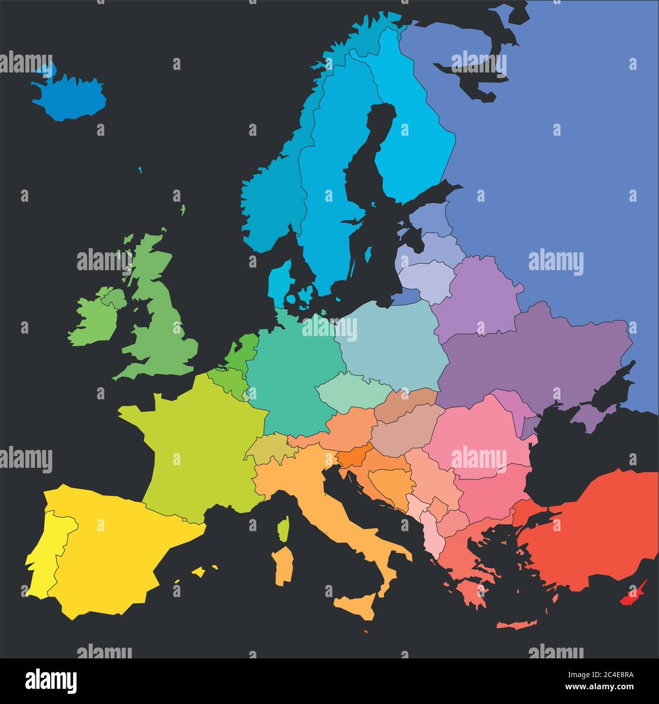 Mappa dell'Europa in colori dello spettro arcobaleno. Con nomi di paesi europei. Illustrazione Vettoriale