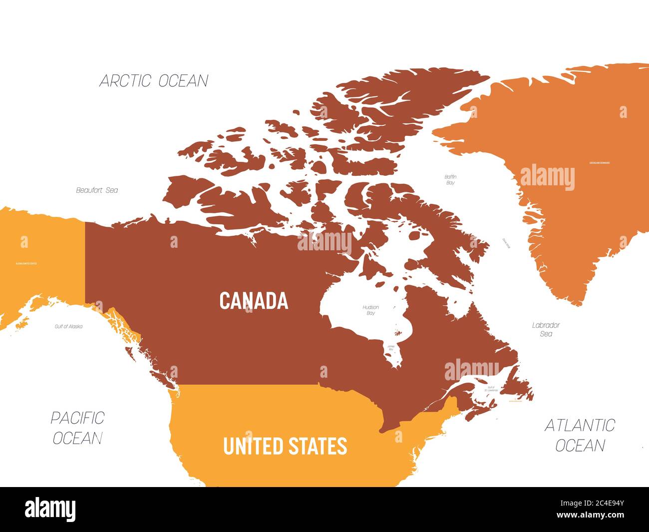 Mappa Canada - marrone arancione colorato su sfondo scuro. Mappa politica dettagliata Canada e paesi vicini con etichettatura dei nomi di paesi, oceani e mari. Illustrazione Vettoriale