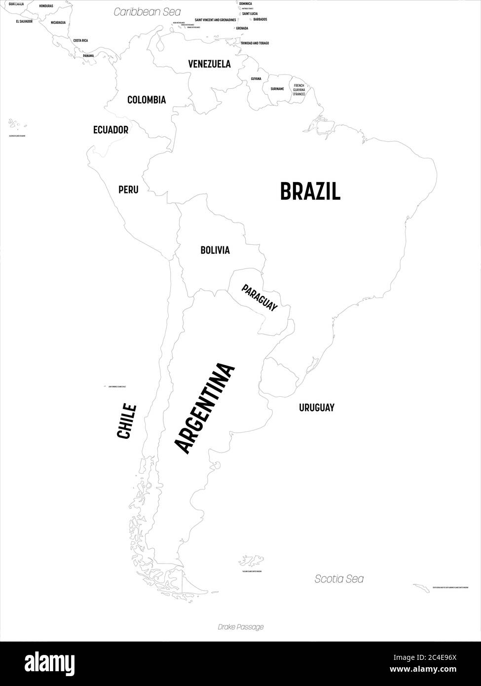 Mappa del Sud America. Mappa politica dettagliata del continente sudamericano con l'etichettatura dei nomi di paese, capitale, oceano e mare Immagine e Vettoriale - Alamy