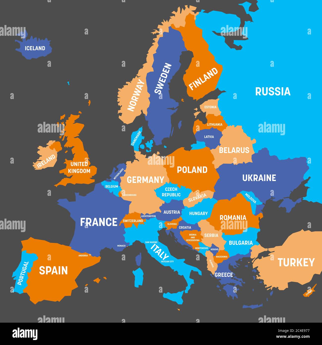 Mappa politica del continente europeo in quattro colori con etichette bianche. Illustrazione vettoriale. Illustrazione Vettoriale