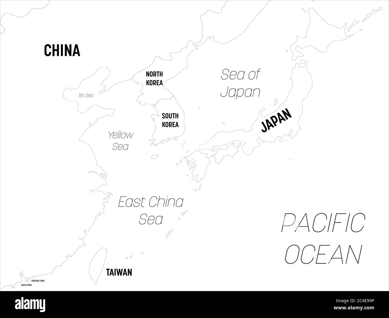 Mappa Asia orientale. Mappa politica dettagliata della regione orientale con l'etichettatura dei nomi di paesi, capitali, oceani e mari. Illustrazione Vettoriale