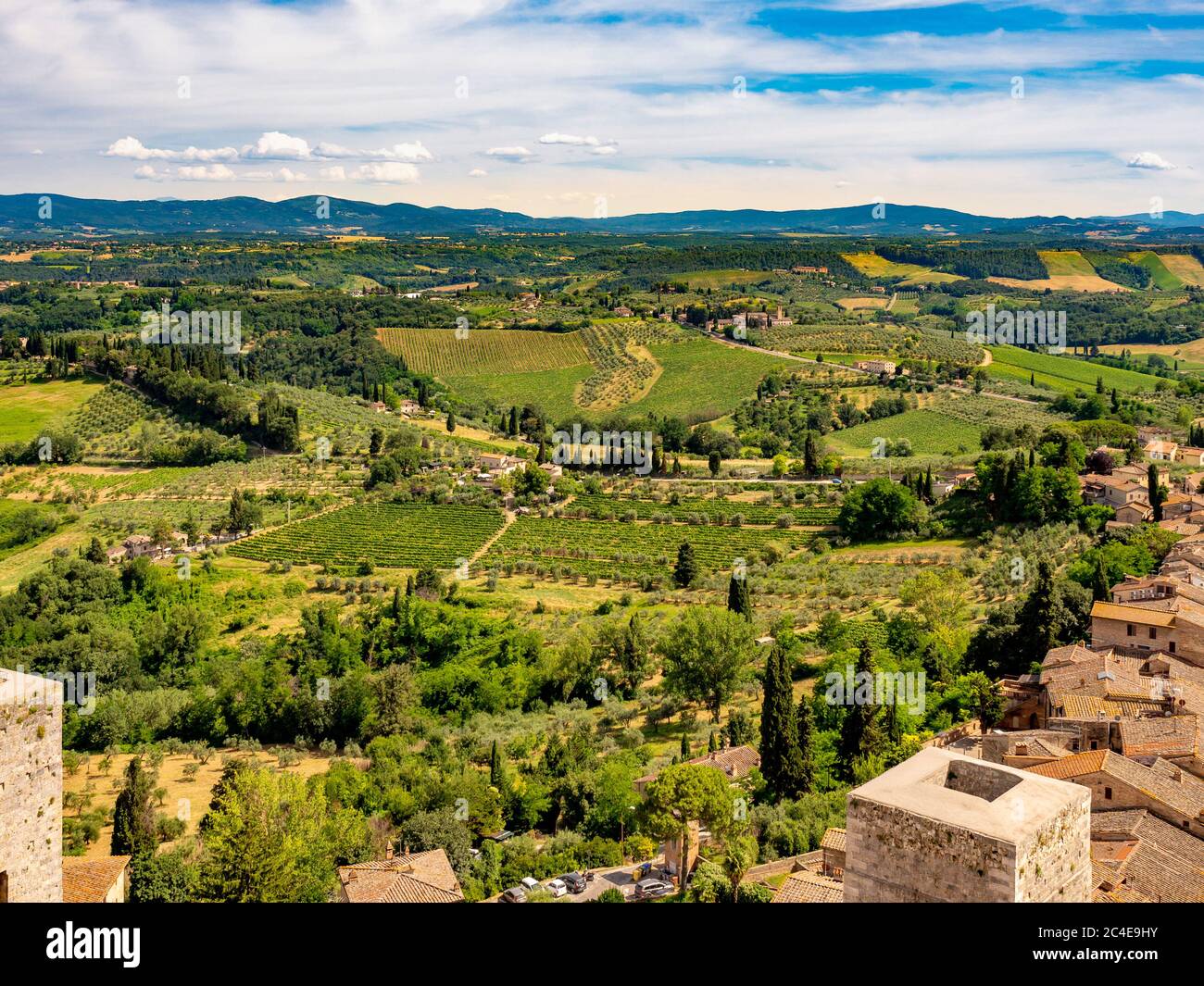 Vista aerea di San Gimignano, Italia Foto Stock