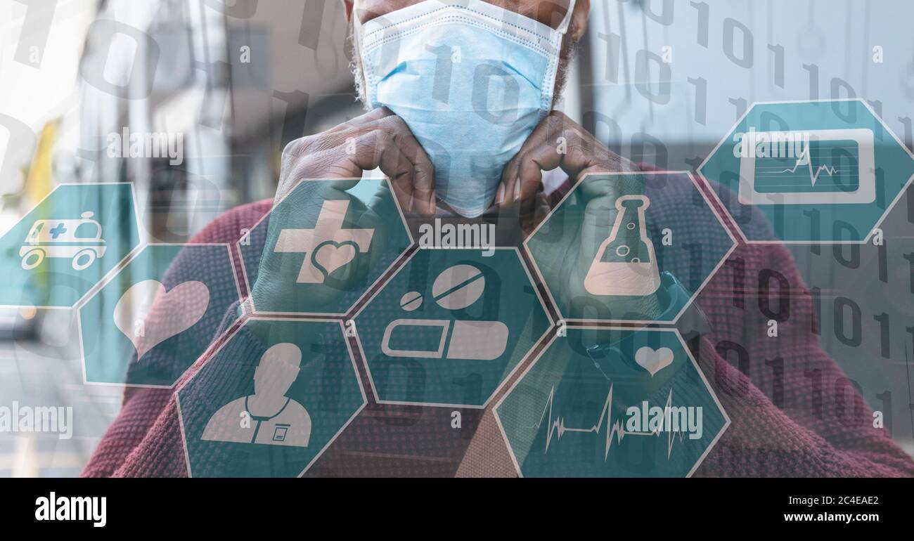 Illustrazione digitale di un uomo che prende una maschera di faccia fuori sopra le icone mediche Foto Stock