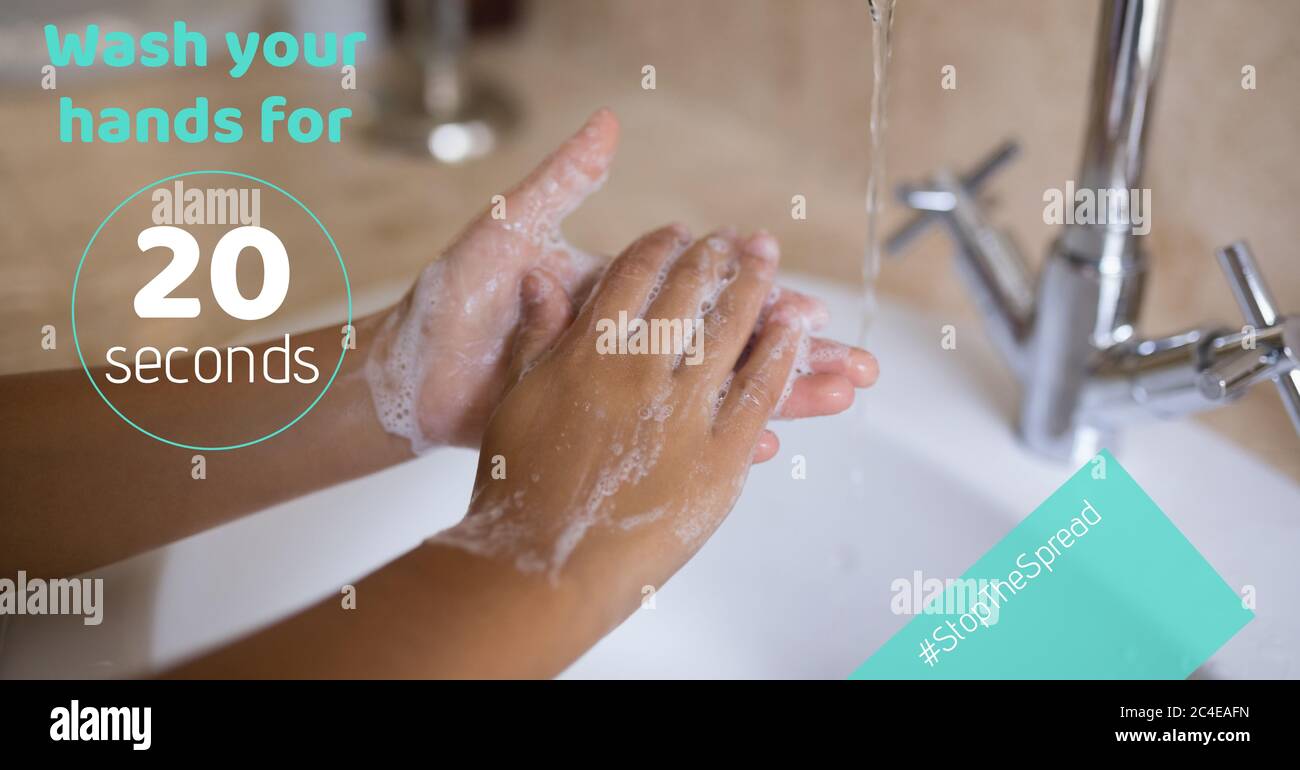 Illustrazione digitale del lavaggio delle mani con una scrittura Foto Stock