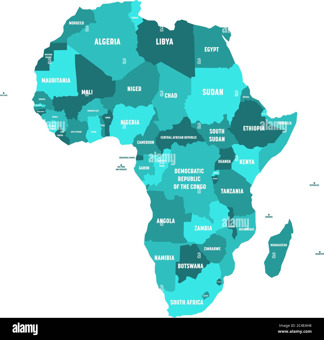 Mappa politica dell'Africa in quattro tonalità di blu turchese con etichette bianche su sfondo bianco. Illustrazione vettoriale. Illustrazione Vettoriale
