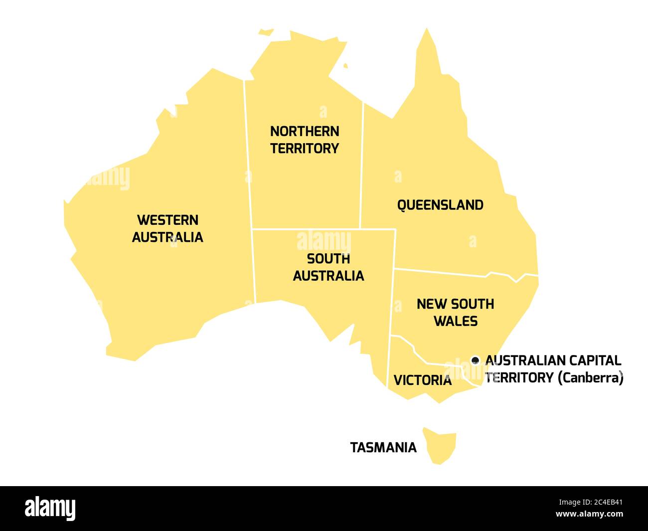 Mappa semplificata dell'Australia divisa in stati e territori. Mappa piatta grigia con bordi bianchi ed etichette nere. Illustrazione Vettoriale