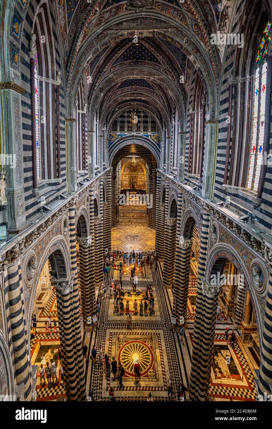 Vista in alto della navata e dell'altare maggiore della cattedrale di Siena. Italia. Foto Stock