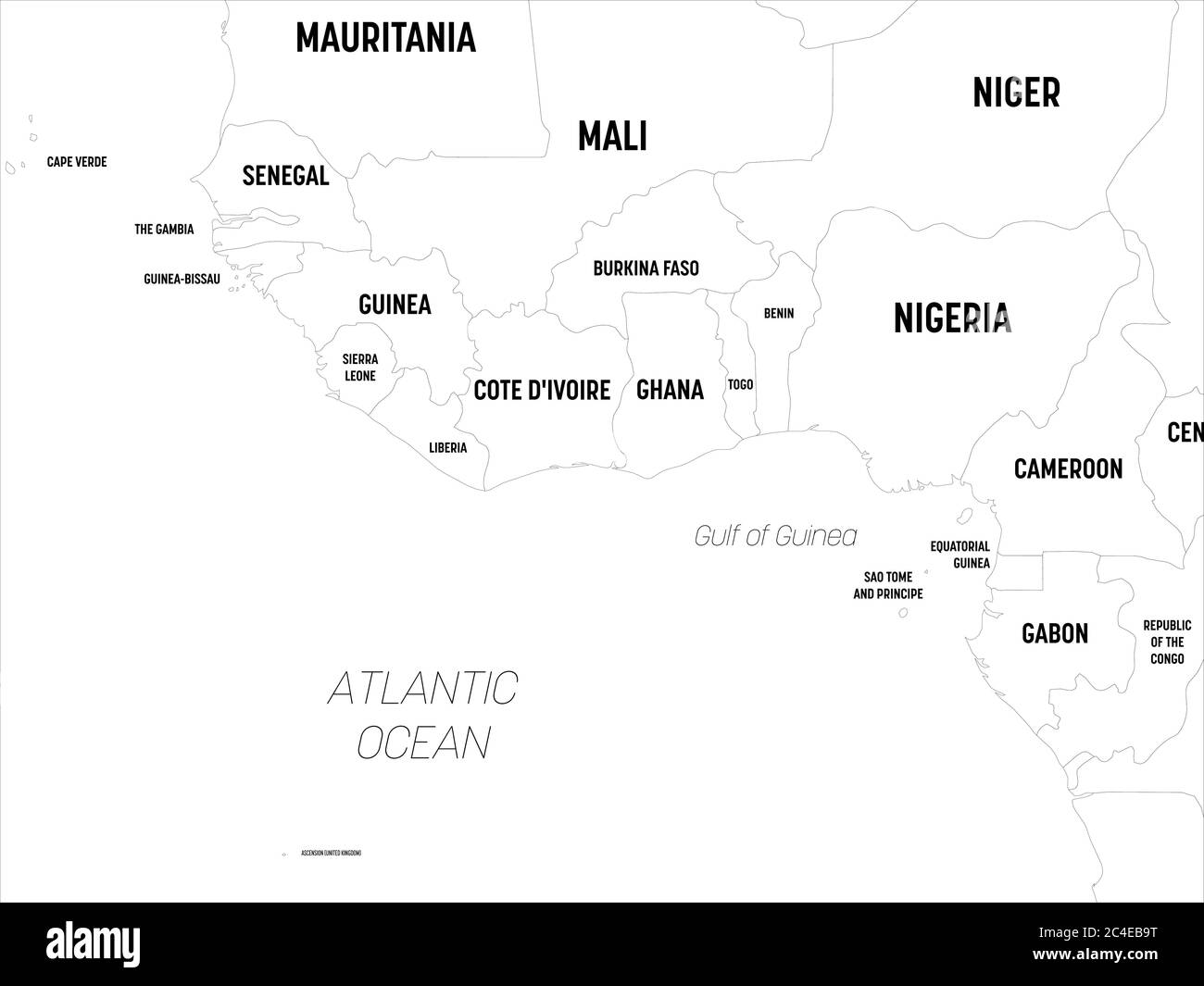 Mappa dell'Africa occidentale. Mappa politica dettagliata della regione dell'africa occidentale e della Baia della Guinea con l'etichettatura dei nomi di paese, capitale, oceano e mare. Illustrazione Vettoriale
