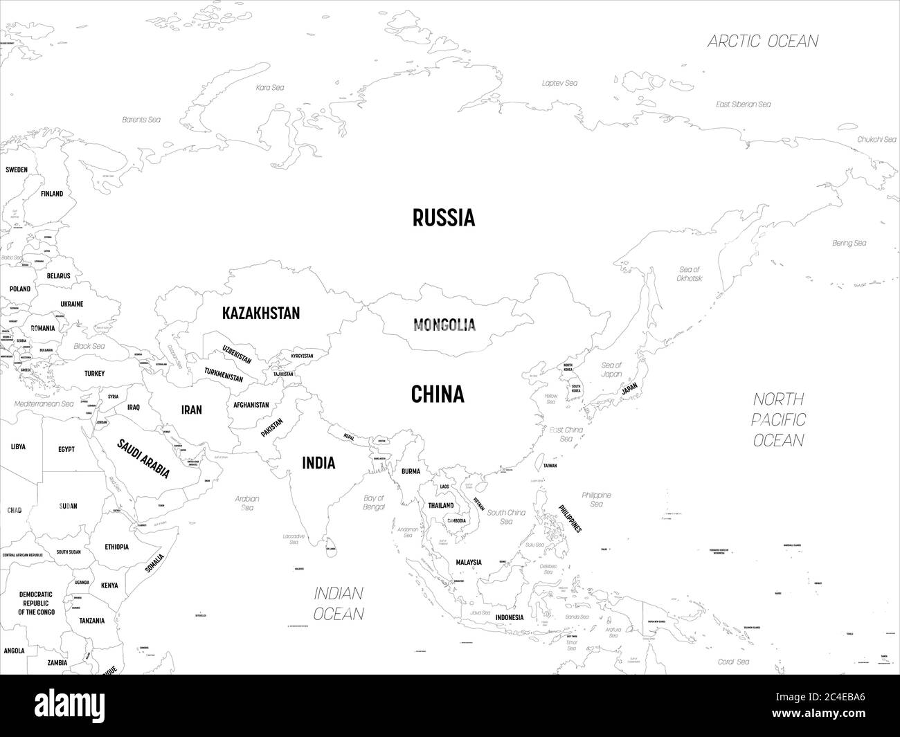 Asia. Mappa politica dettagliata del continente asiatico con l'etichettatura dei nomi di paese, capitale, oceano e mare Immagine e Vettoriale - Alamy