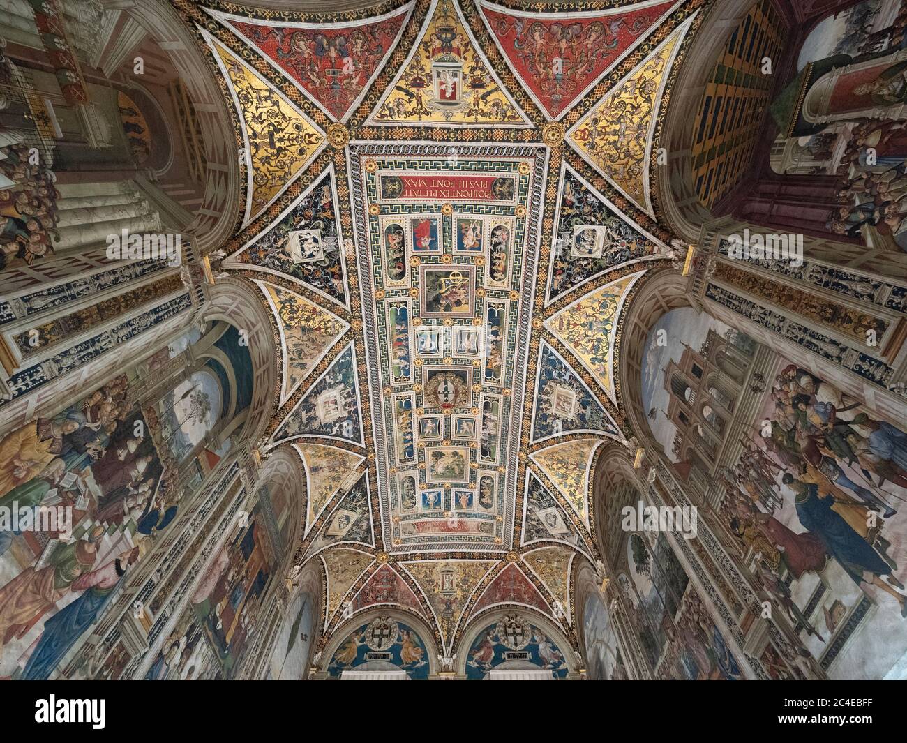 Il soffitto ornato della Biblioteca Piccolomini, Cattedrale di Siena. Italia. Foto Stock