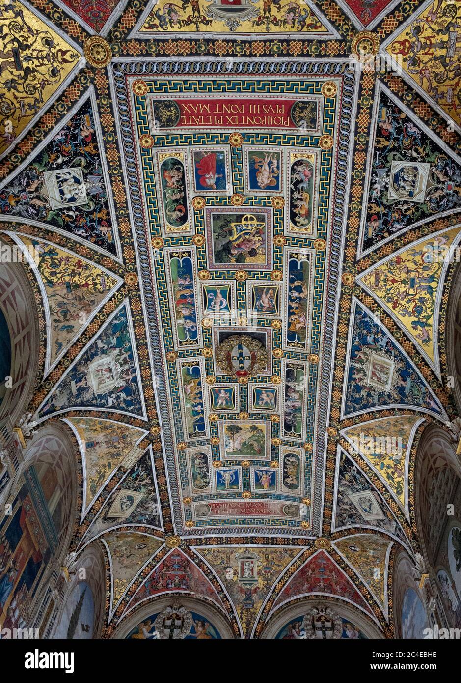 Il soffitto ornato della Biblioteca Piccolomini, Cattedrale di Siena. Italia. Foto Stock