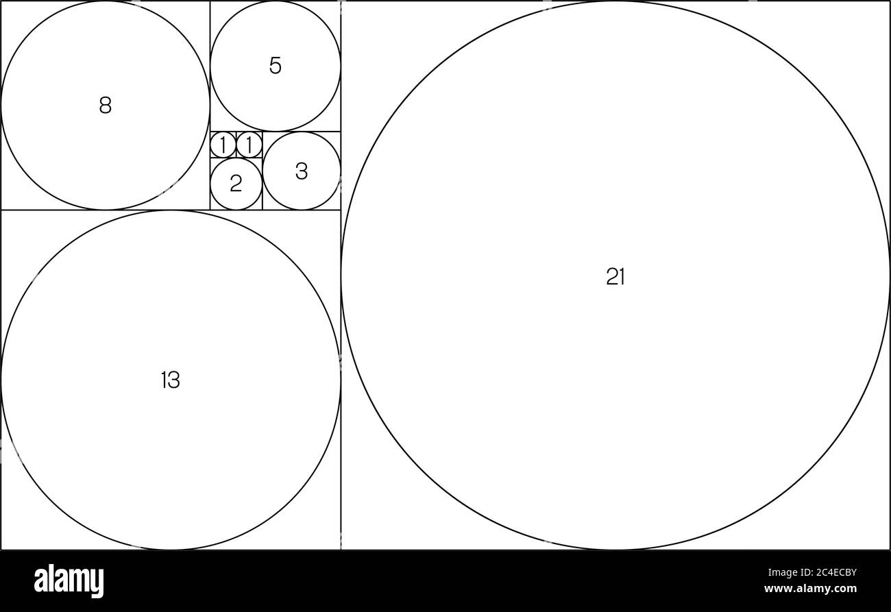 Sequenza di cerchi Fibonacci. Concetto geometrico del rapporto d'oro. Illustrazione vettoriale. Illustrazione Vettoriale