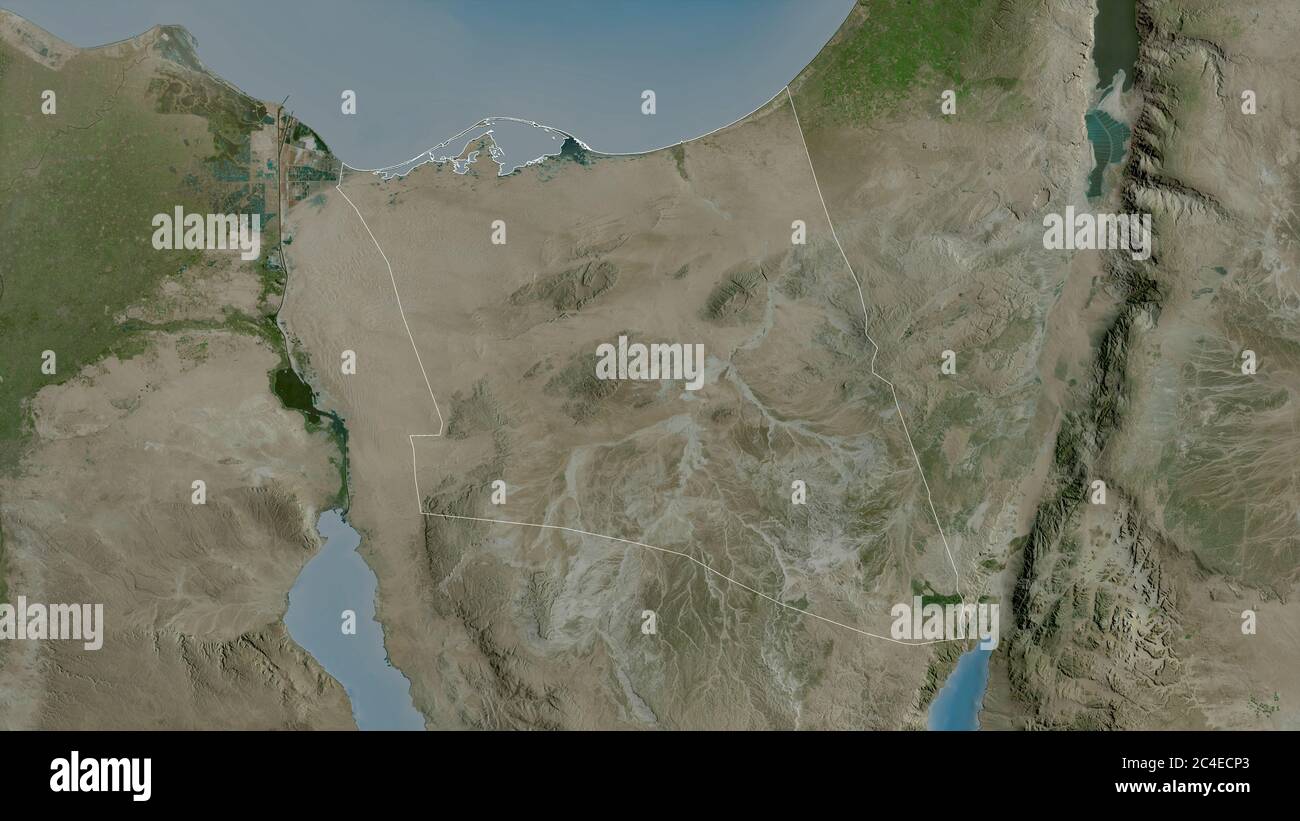 Shamal Sina', governatorato d'Egitto. Immagini satellitari. Forma delineata rispetto alla sua area di paese. Rendering 3D Foto Stock