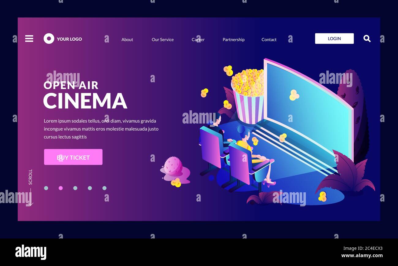 Coppia al cinema all'aperto vettore 3d isometrica illustrazione in colore neon gradiente. Romantico esterno risalente nel teatro notte parco della città. Uomo e donna Illustrazione Vettoriale