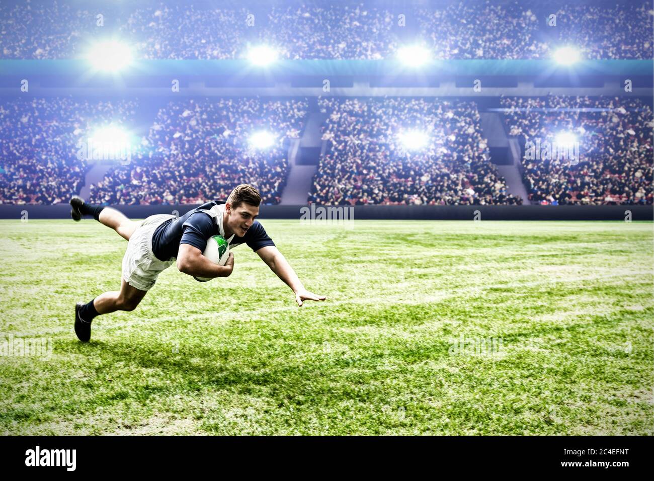 Immagine digitale composita del giocatore di rugby che salta con la palla per segnare il touchdown nello stadio sportivo Foto Stock