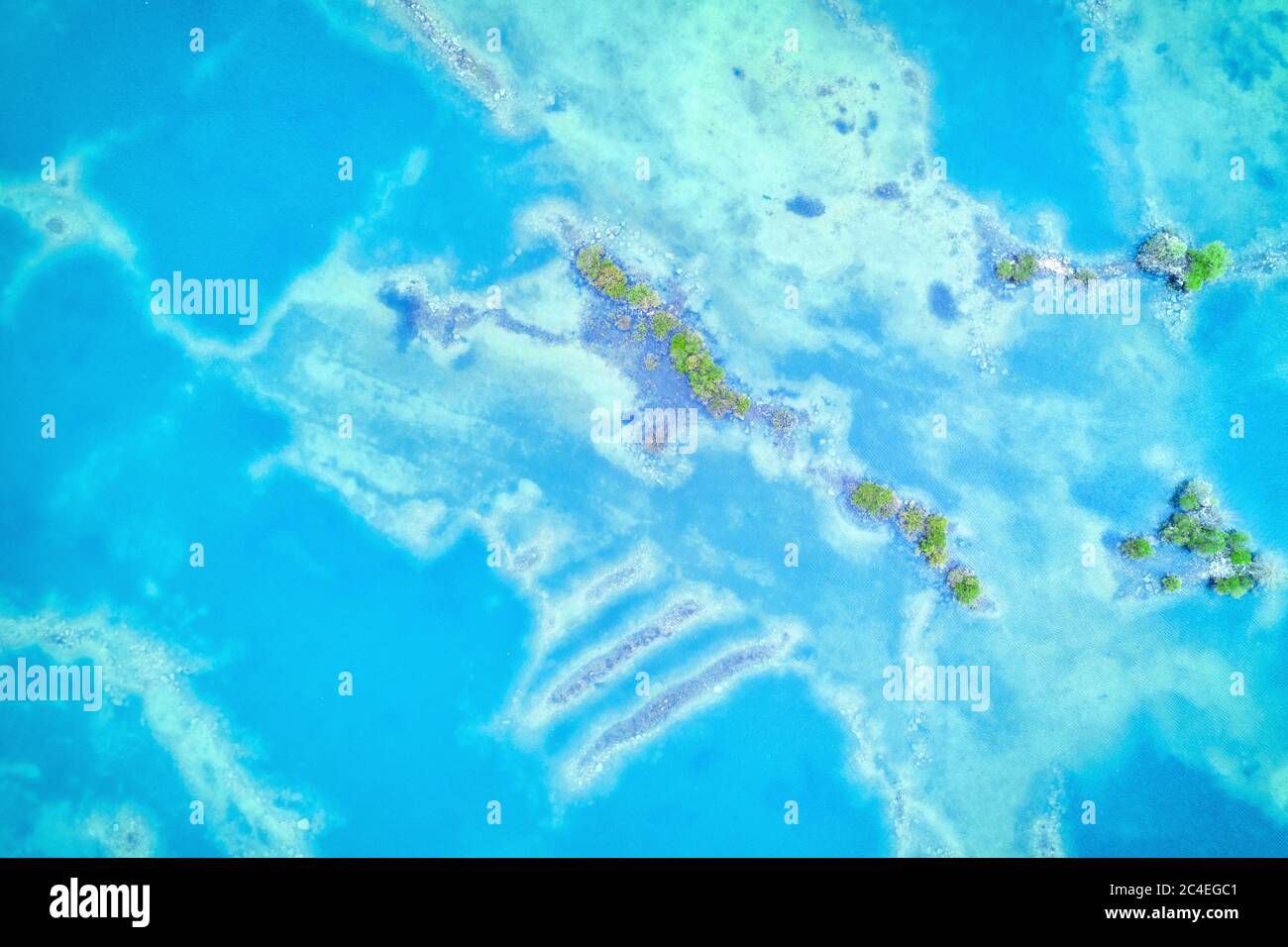 Superficie poco profonda di colore azzurro chiaro con alberi su isole sorridenti. Vista dall'alto dell'antenna Foto Stock