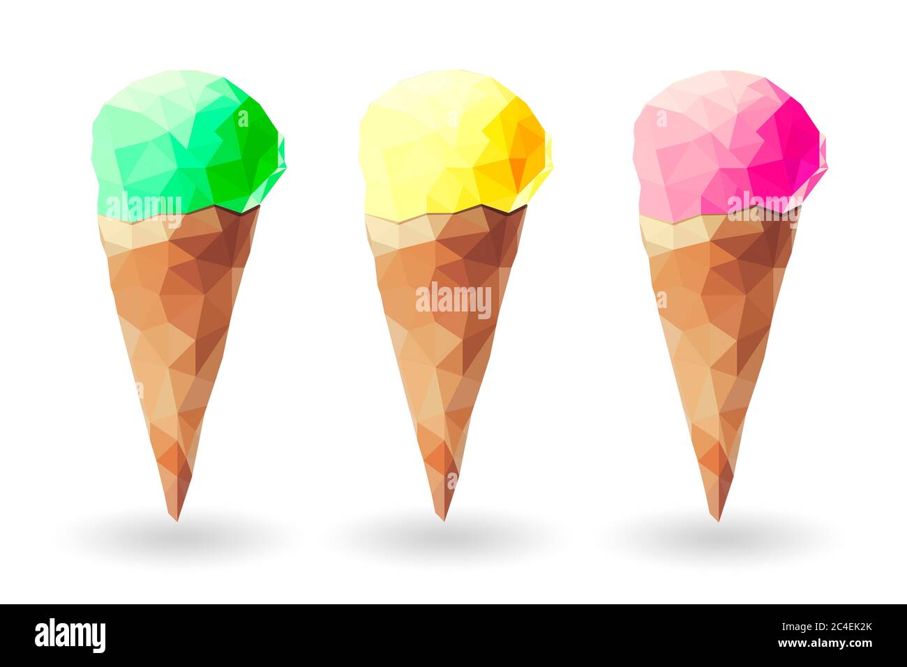 Illustrazione poly bassa di tre dolci deliziosi gelati al limone giallo su sfondo bianco. Concetto estivo e spazio vuoto per il testo dell'Editore Foto Stock