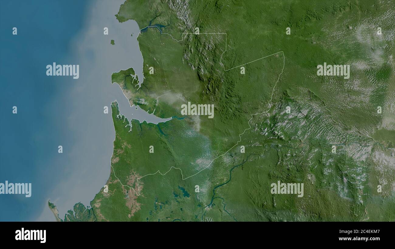 Estuaire, provincia del Gabon. Immagini satellitari. Forma delineata rispetto alla sua area di paese. Rendering 3D Foto Stock