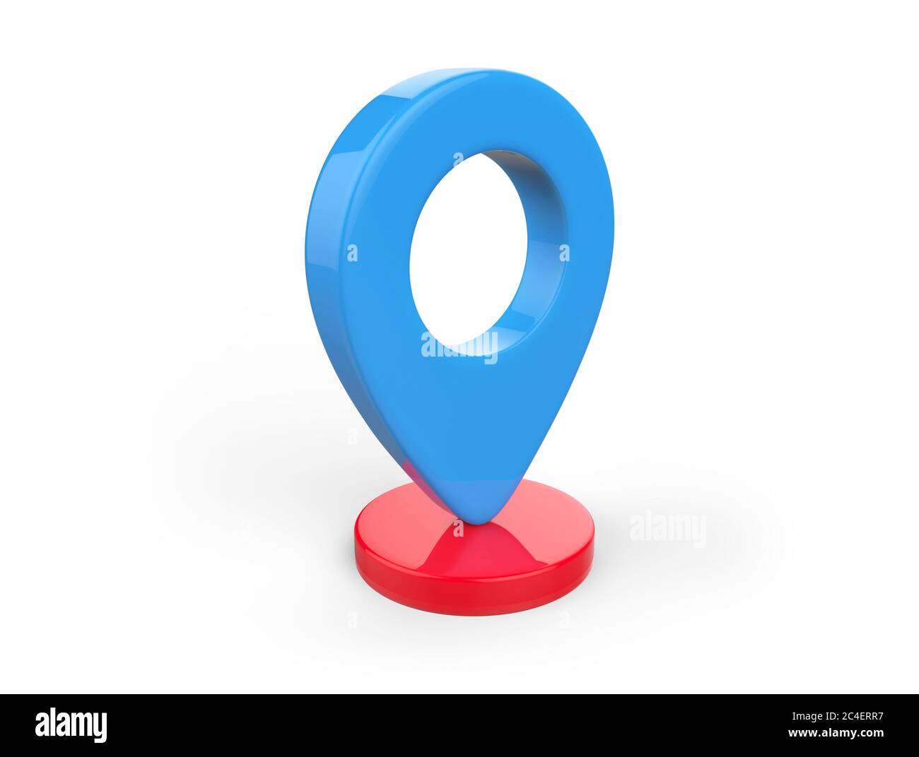 Rappresentazione 3D dell'icona GPS in blu su un cilindro di colore rosso Foto Stock