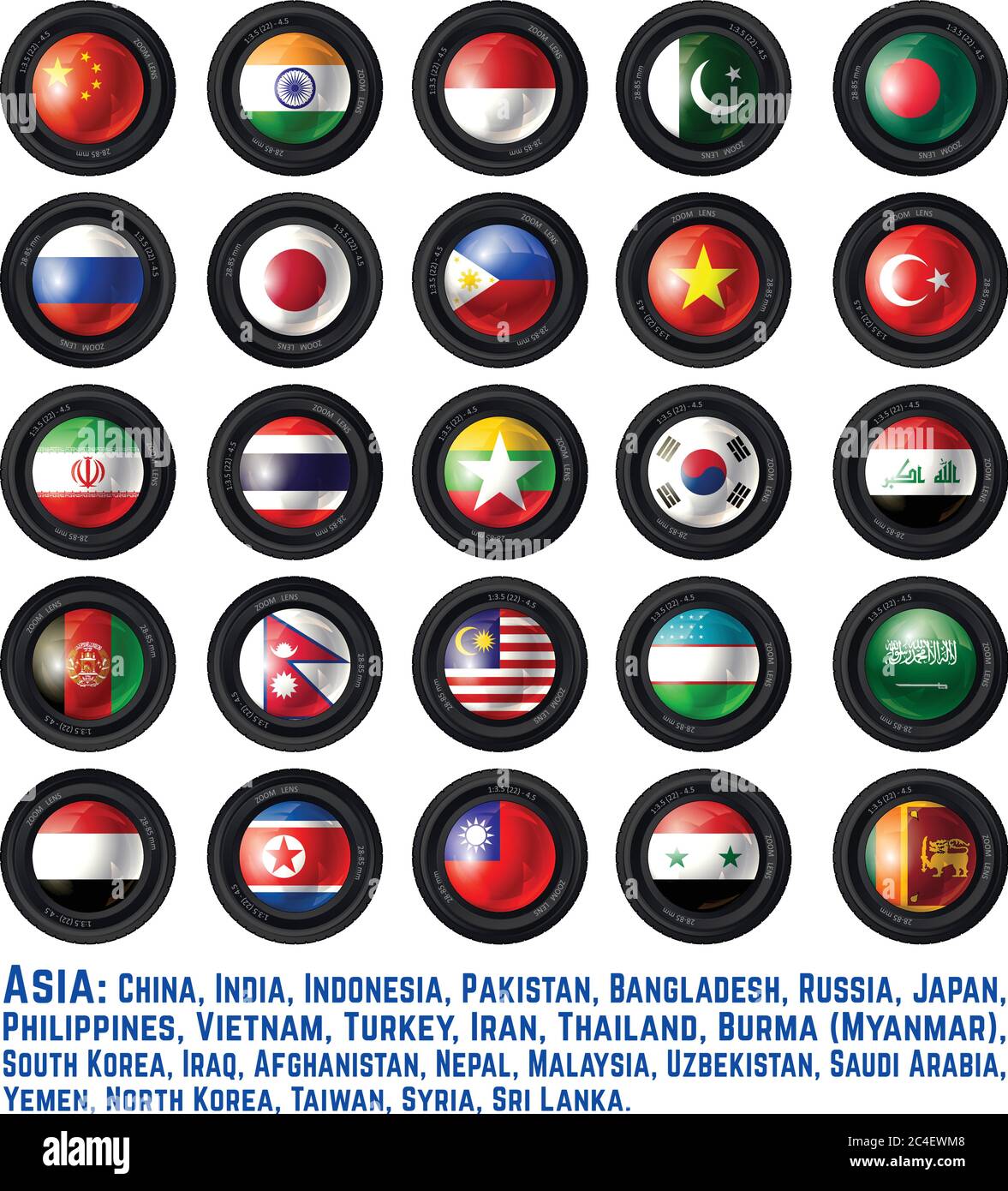 Set di obiettivi per fotocamera con bandiere asiatiche. Prima parte. Illustrazione vettoriale. Illustrazione Vettoriale