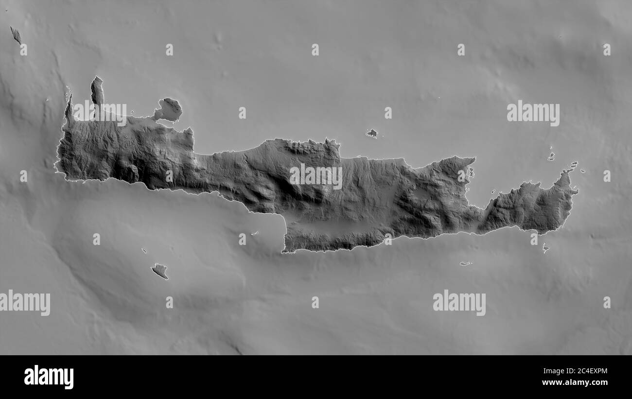 Creta, amministrazione decentrata della Grecia. Mappa in scala di grigi con laghi e fiumi. Forma delineata rispetto alla sua area di paese. Rendering 3D Foto Stock
