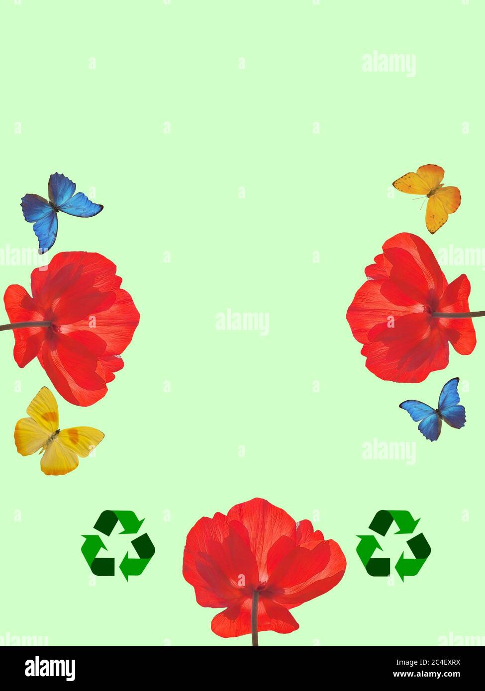 Sfondo naturale con fiori, farfalle e simbolo di riciclo vivaci colori isolati in sfondo a colori Foto Stock