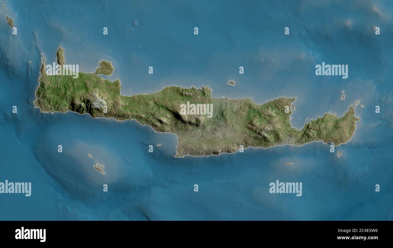 Creta, amministrazione decentrata della Grecia. Immagini satellitari. Forma delineata rispetto alla sua area di paese. Rendering 3D Foto Stock