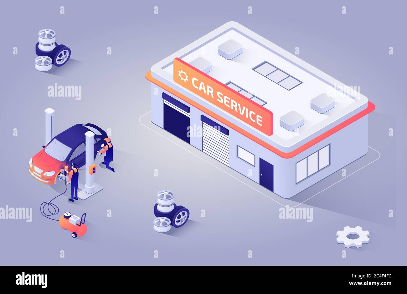 Illustrazione isometrica per officina di verniciatura automobilistica o servizio di auto. Lavoratori lucidare, rifinire e verniciare automobili. Vector 3d con Repair Buildin Foto Stock