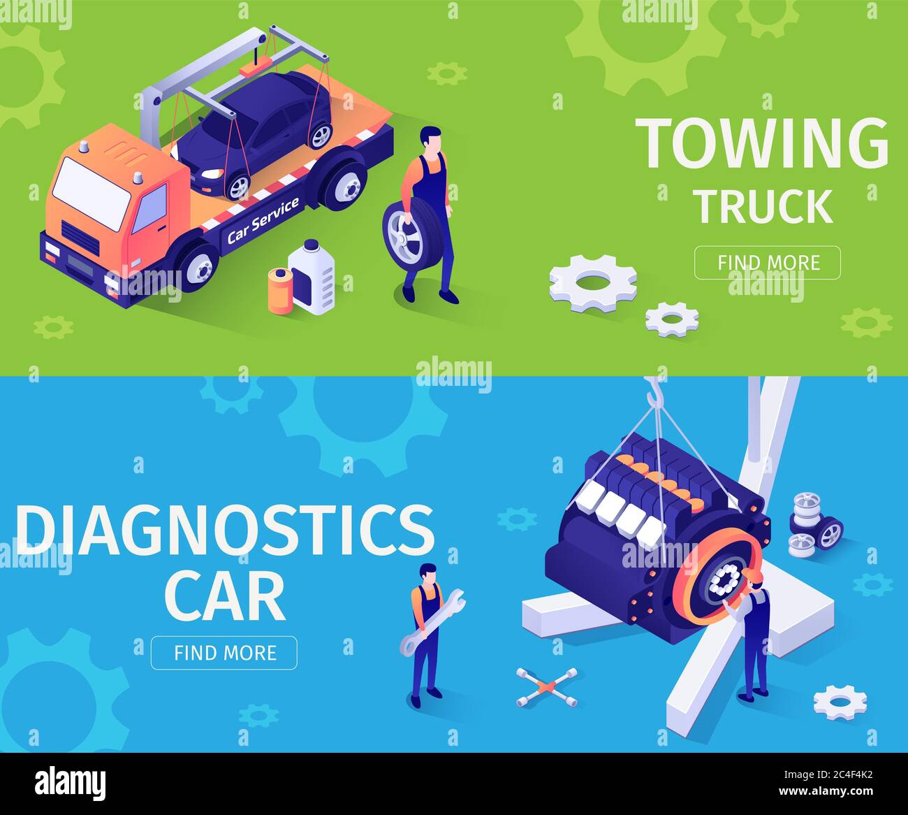 Set di banner per il servizio di riparazione e assistenza auto. Vector Illustrazione isometrica 3d con Auto di guida per autocarri da traino, aggancio su gru motore per Diagnos Foto Stock