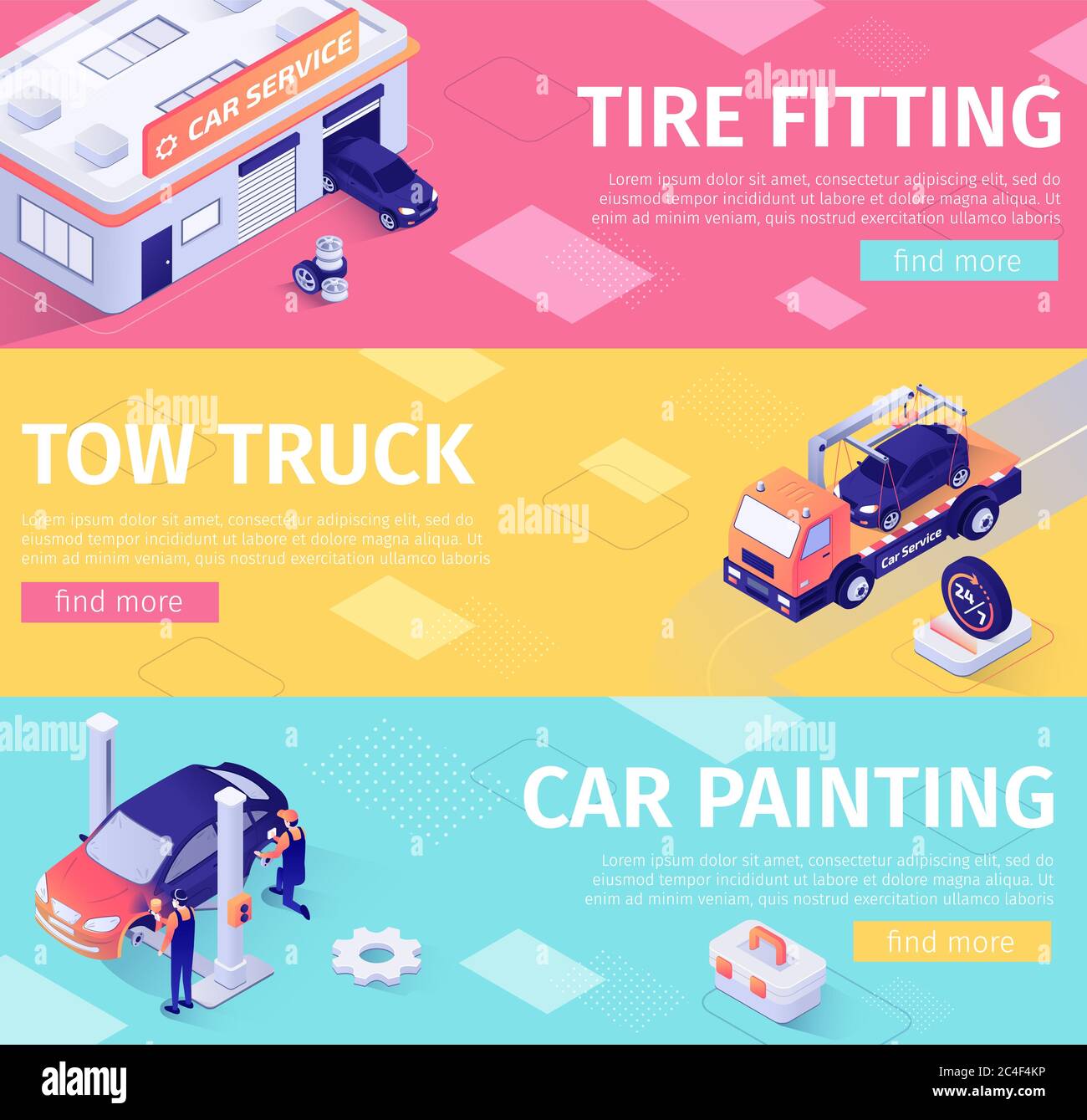 Set di striscioni per la manutenzione e l'evacuazione dell'auto. Layout con Isometric Garage Building, Tow Truck, Painting Car e Working Masters. Montaggio pneumatici, Foto Stock