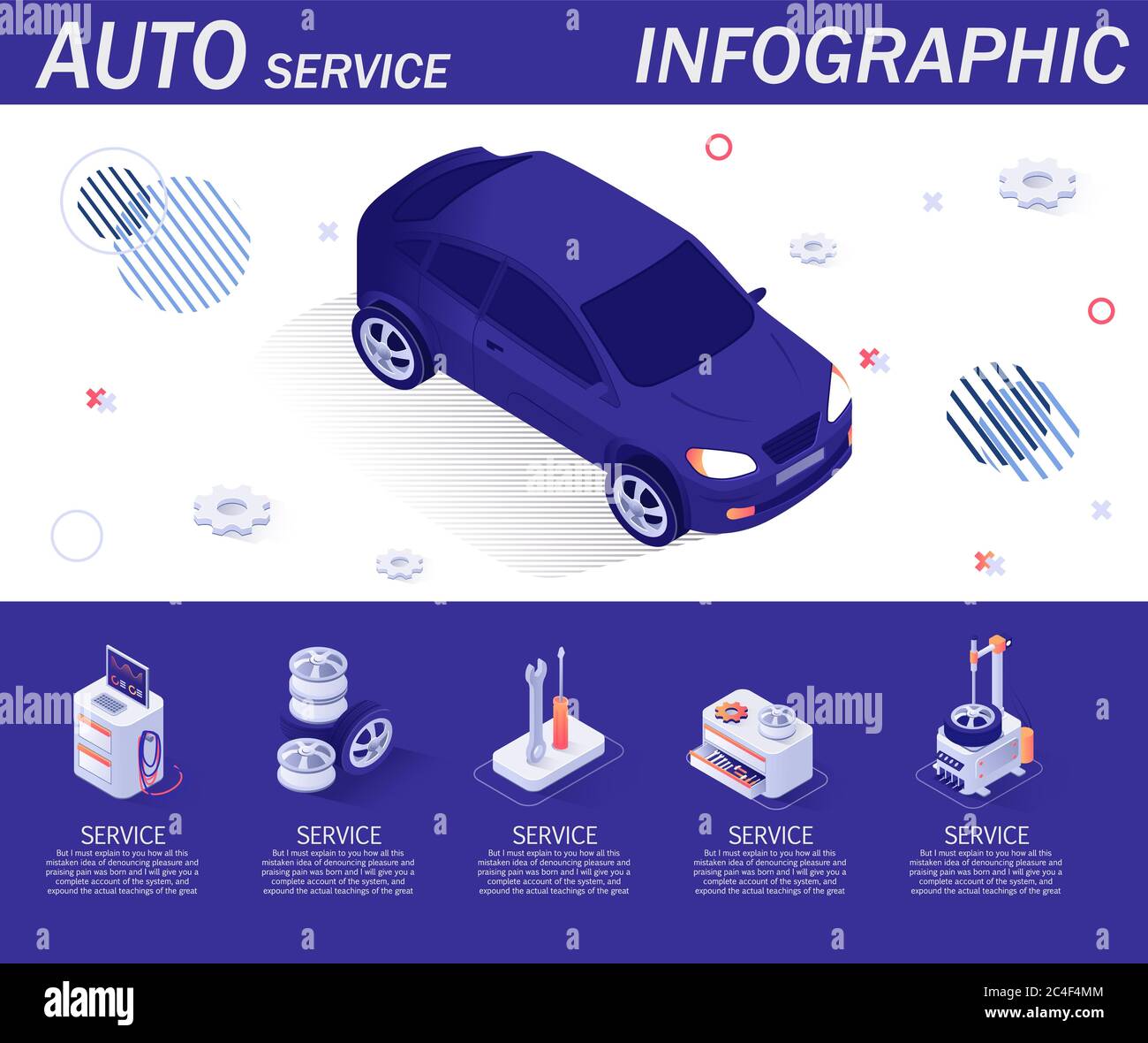 Infografica di servizio automatico con icone isometriche. Attrezzatura diagnostica, attrezzi, complesso di montaggio, parti di ricambio. Banner con auto isolata e posto per Descr Foto Stock