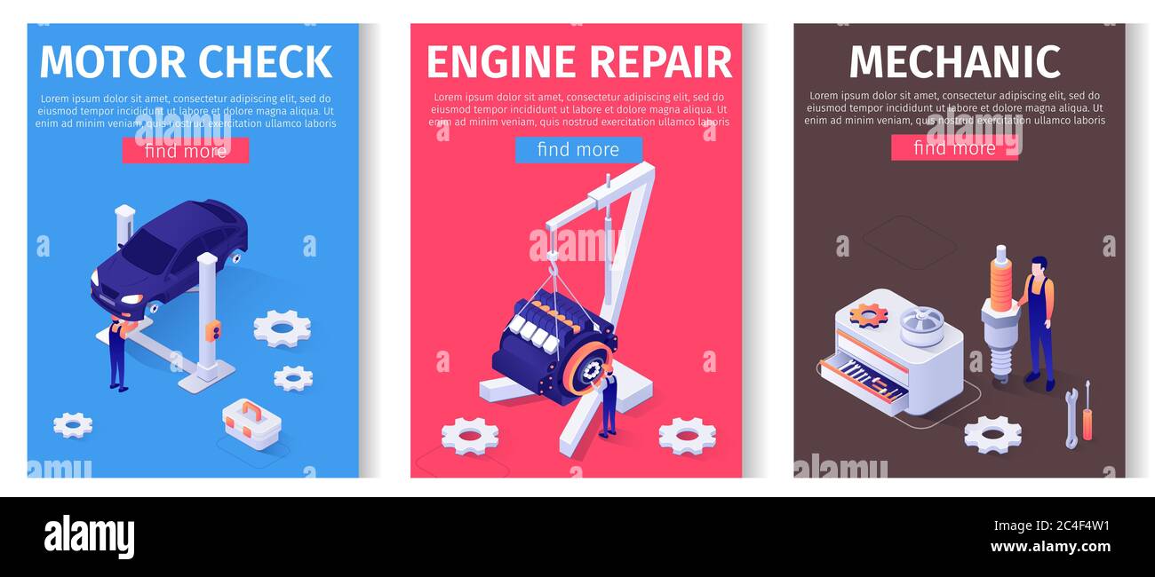 Kit per auto orientato al mobile. Lettering Media Page con i personaggi Isometrica Masters che lavorano con l'automobile e il motore sollevati da Twin Post ascensori, utilizzando UN Foto Stock