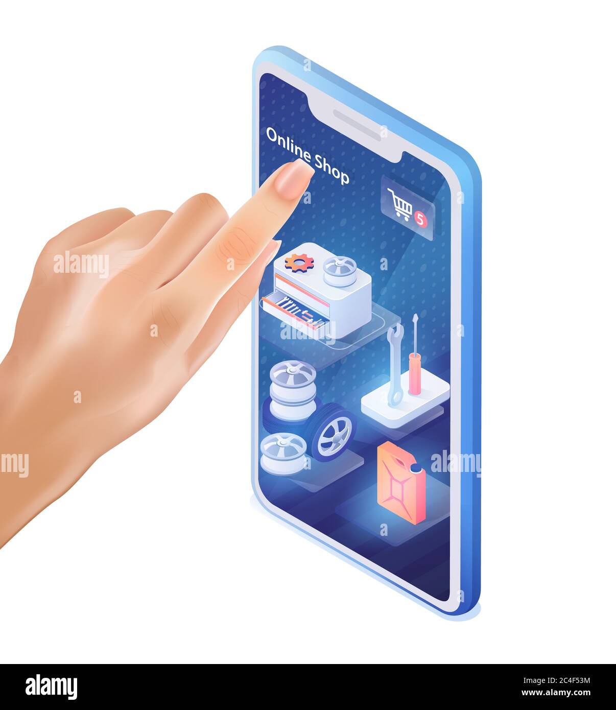 Banner con applicazione mobile moderna per il negozio di automobili. Le dita di Male enormi si incatenano sulla scritta del Negozio Online sullo schermo del telefono. Shopping veloce in Internet a Moder Foto Stock