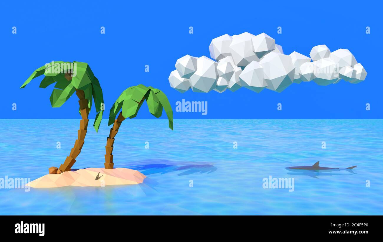 Il computer a basso contenuto di poly ha generato un'illustrazione resa di una laguna dell'isola tropicale con il messaggio degli alberi di palma in una bottiglia e uno squalo Foto Stock