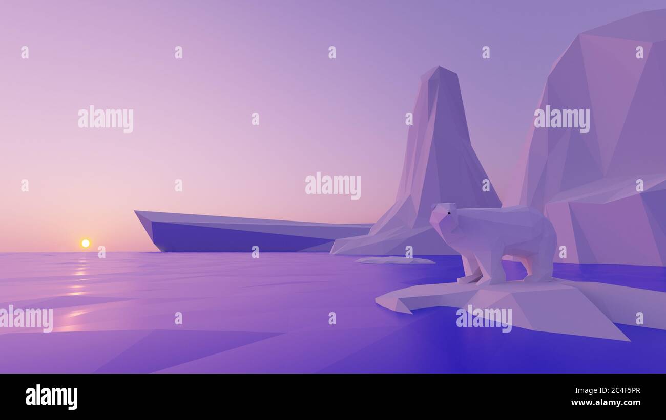 Il computer a basso contenuto di poly ha generato un'illustrazione resa di una scena antartica Cartoon nevosa Foto Stock
