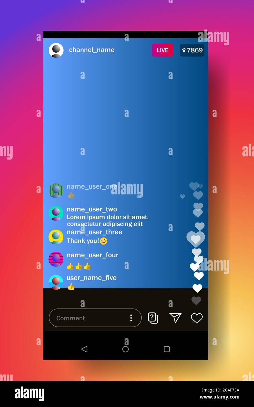 Un social network in tempo reale. Comunicazione video con commenti e mi piace. Il blogger comunica con il pubblico. Instagram. Illustrazione Vettoriale