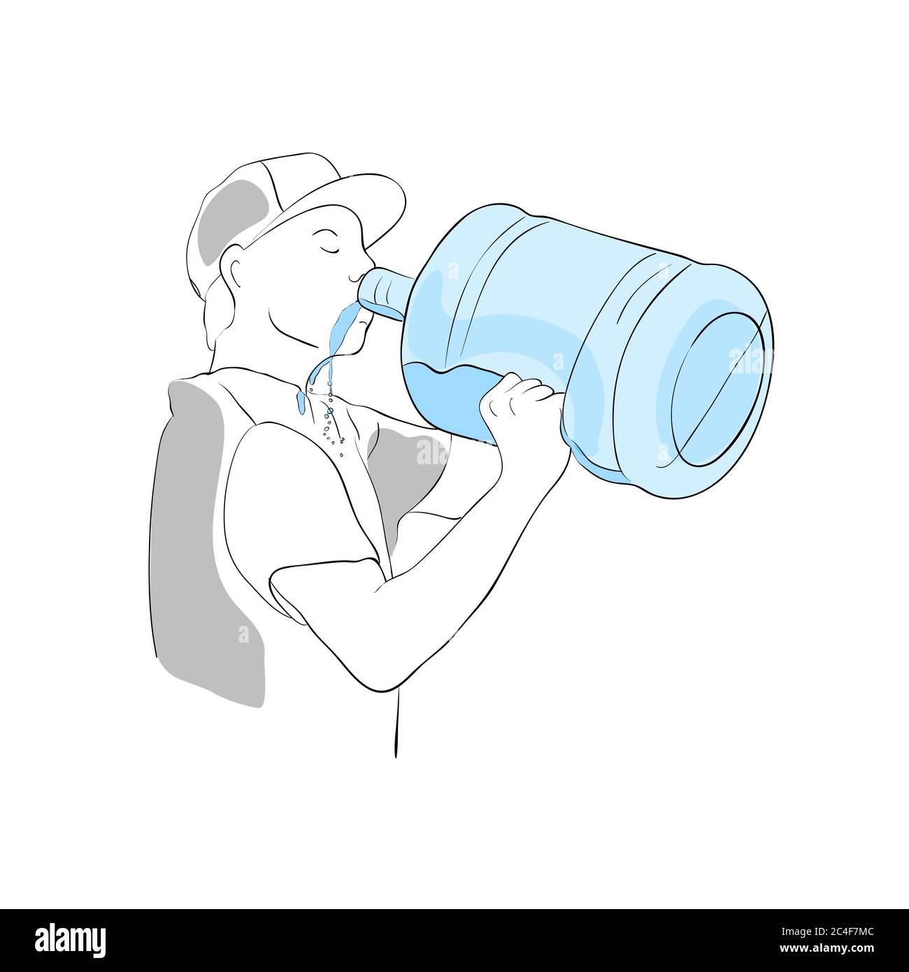 Giovane assetato che beve acqua da una bottiglia grande. Illustrazione vettoriale. Illustrazione Vettoriale