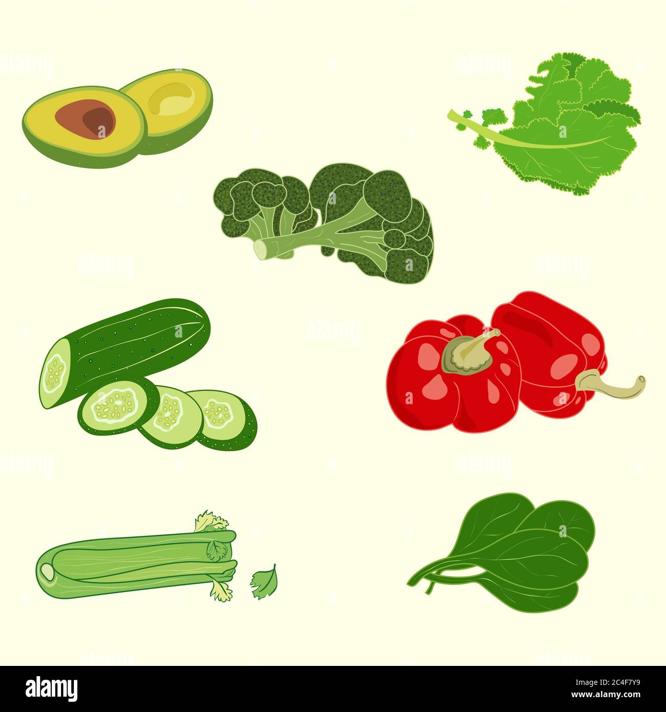 Un insieme vettoriale delle verdure più sane e alcaline: Avocado, kale, broccoli, cetriolo, pepe, sedano e spinaci Illustrazione Vettoriale