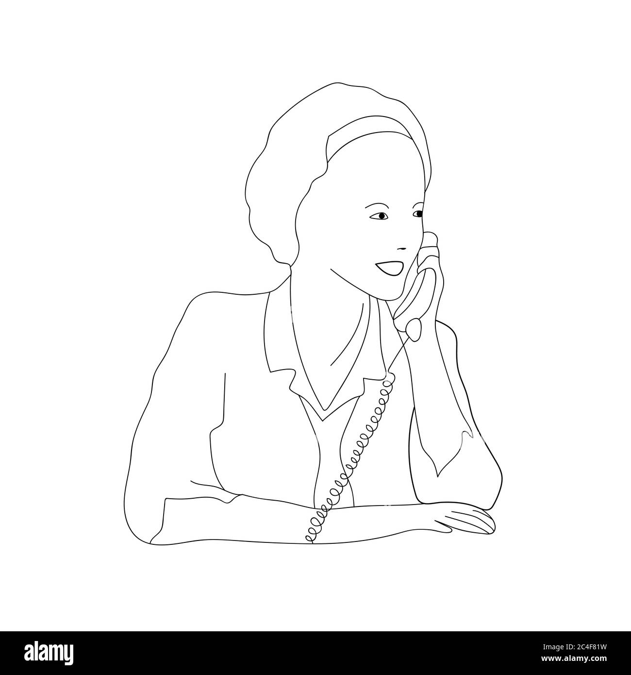 Schizzo di una giovane donna sorridente che risponde a una chiamata. Call center. Servizi di supporto. Illustrazione vettoriale. Illustrazione Vettoriale