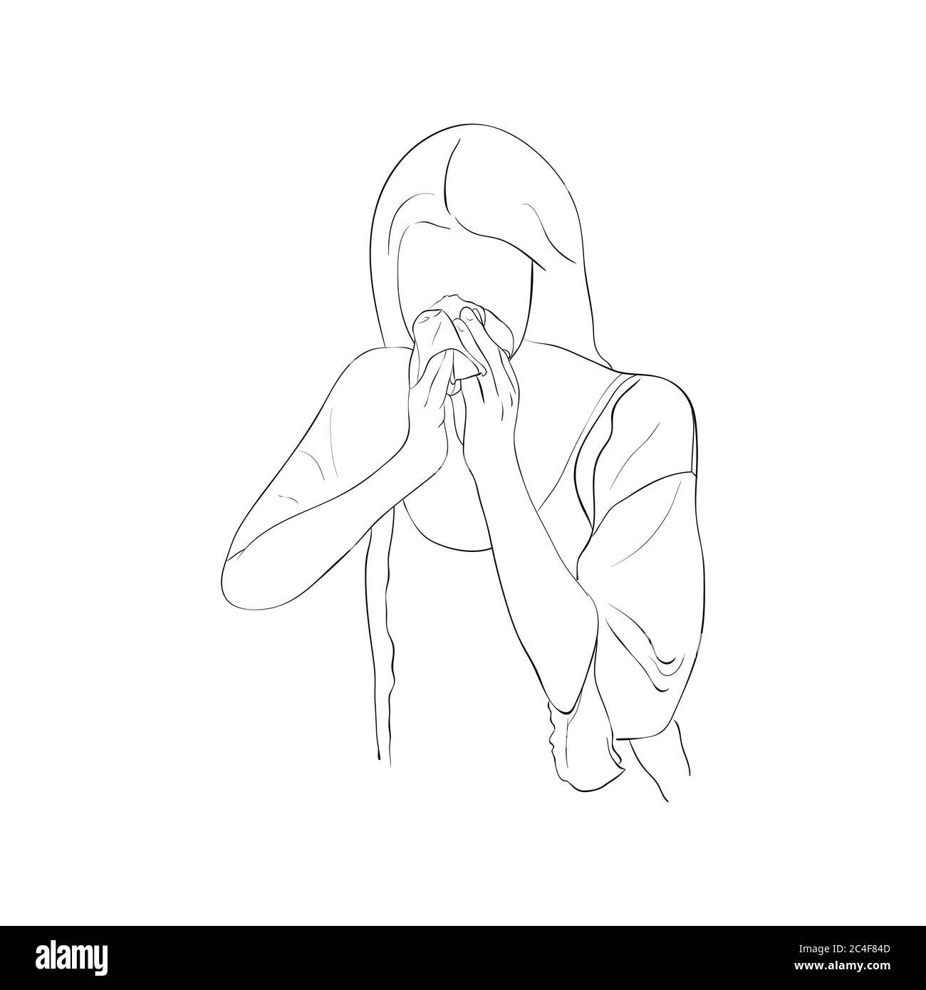 Giovane donna con naso che cola affetta da influenza, soffia il naso con un fazzoletto. Illustrazione vettoriale. Illustrazione Vettoriale