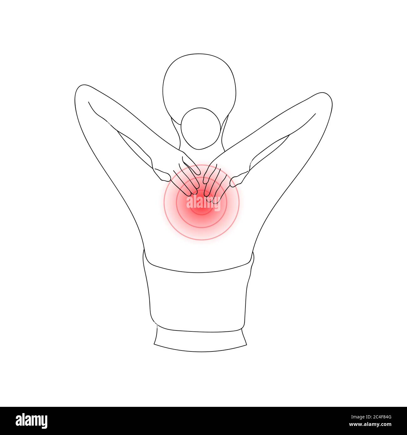 Schizzo di una giovane donna che soffre di dolore alla schiena superiore, toccandola con le mani. Illustrazione vettoriale. Illustrazione Vettoriale