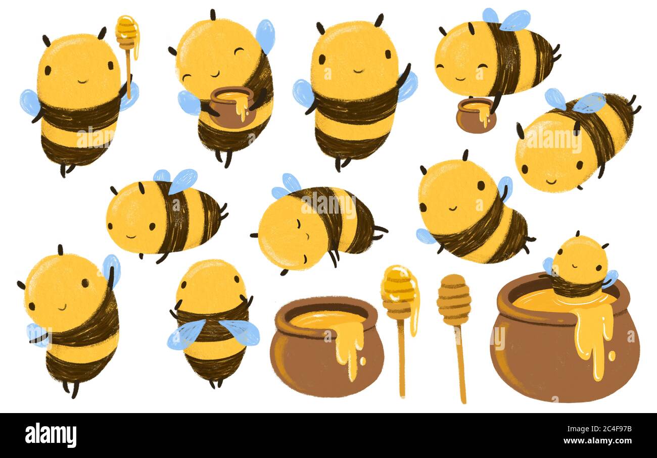 Set di ape al miele carino. Illustrazioni Kawaii. Isolato su sfondo bianco Foto Stock
