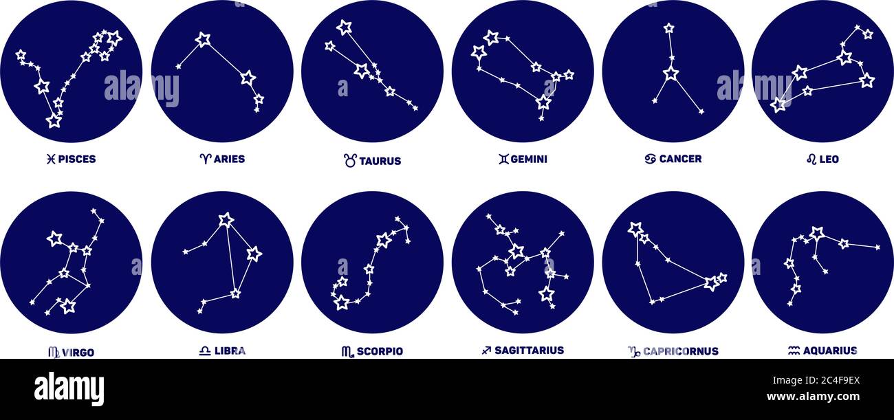 Set di segni zodiacali rotondi, stelle, costellazioni di colore blu su sfondo bianco. Illustrazione Vettoriale