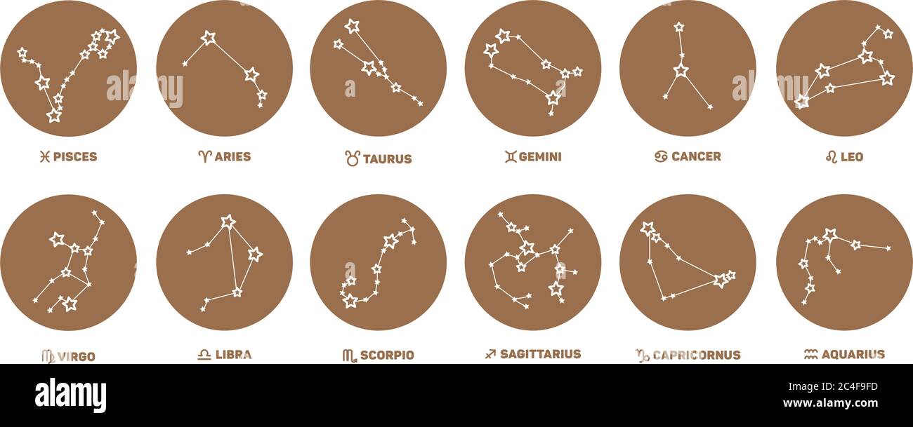 Set di segni zodiacali, stelle, costellazioni di colore oro su sfondo bianco. Logo rotondo, tatuaggio o illustrazione. Previsione astrologica, oroscopo per Illustrazione Vettoriale