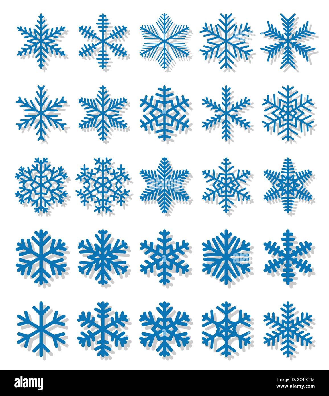 Set di fiocchi di neve blu con ombre su sfondo bianco Illustrazione Vettoriale